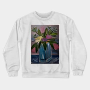 A beautiful bouquet flowers in a glass and gold vase . Using my favorite colors as vibrant background Using Acrylic and metallic paints. Crewneck Sweatshirt